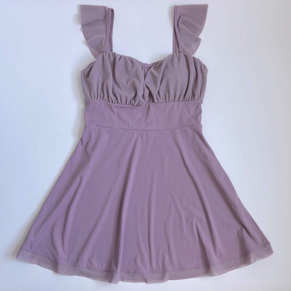 Halara Airy Softlyzero Ruffle Backless Lace Up Mesh Flare Mini Dress Elderberry - Picture 17 of 17